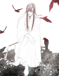 Rule 34 | 1010923, 1boy, absurdres, bird, blurry, blurry foreground, bone, boots, chinese clothes, chromatic aberration, closed mouth, crossed legs, crow, dated, dizi, flute, flute tassel, full body, greyscale, hair between eyes, hair down, hair ribbon, half updo, hanfu, highres, holding, holding flute, holding instrument, instrument, long hair, long sleeves, looking at viewer, male focus, modao zushi, monochrome, official alternate hairstyle, ponytail, red eyes, red ribbon, ribbon, robe, sidelocks, simple background, sitting, skull, solo, spot color, tassel, transverse flute, twitter username, watermark, wei wuxian, wei wuxian (yiling laozu), white background, wide sleeves