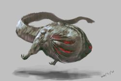 Rule 34 | giant, giant monster, gills, glowing, godzilla, godzilla (series), hanekura bou, highres, kaiju, long tail, monster, sea monster, shadow, shin godzilla, simple background, spikes, swimming, tail, toho, very long tail, white background