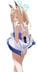 1girl absurdres animal_ear_fluff animal_ears bare_shoulders blonde_hair blue_archive blue_eyes blush danyun_03 dog_ears dog_girl extra_ears from_behind hair_over_shoulder highres jacket kanna_(blue_archive) kanna_(swimsuit)_(blue_archive) long_hair looking_at_viewer multicolored_swimsuit official_alternate_costume official_alternate_hairstyle one-piece_swimsuit parted_lips ponytail sidelocks smile solo swimsuit white_jacket white_one-piece_swimsuit
