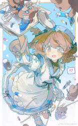 Rule 34 | !, !?, 1girl, ?, absurdres, apron, arm up, armband, bandages, bandaid, bandaid on knee, bandaid on leg, black bow, black shirt, blue background, blue dress, blue hat, blue sleeves, blush stickers, border, bow, brown eyes, brown hair, chinese commentary, circle skirt, commentary request, commission, cross, cross print, cup, dot nose, dress, floating hair, foot out of frame, frilled apron, frilled socks, frills, gradient background, grey ribbon, hair bow, hair intakes, hair ornament, hairclip, hat, highres, holding, holding tray, kneehighs, leg up, long sleeves, looking at object, medium hair, nurse cap, open mouth, original, outside border, pill, ribbon legwear, sample watermark, sanse haiyan baomihua, shirt, short dress, sleeves past fingers, sleeves past wrists, socks, solo, spoken exclamation mark, spoken question mark, stuffed animal, stuffed toy, syringe, tareme, teddy bear, toothpaste, tray, turtleneck, turtleneck shirt, two-tone sleeves, two side up, vertical-striped sleeves, watermark, weibo watermark, white apron, white armband, white background, white border, white sleeve cuffs, white sleeves, white socks
