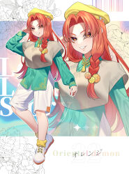 Rule 34 | 1girl, absurdres, adapted costume, beret, brown vest, close-up, food-themed hair ornament, guumin, hair ornament, hat, highres, multiple views, orange (touhou), orange eyes, orange hair, orange hair ornament, shorts, touhou, touhou (pc-98), vest, white footwear, white shorts, yellow hat