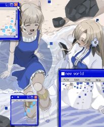 2girls :d ^_^ aiobahn android android_girl_(aiobahn) beach blue_dress blue_flower blush closed_eyes commentary cursor dress english_commentary english_text facing_another flower hair_flower hair_ornament highres isekaijoucho joints kamitsubaki_studio light_brown_hair long_hair microsoft_windows ming_(mei) multiple_girls open_mouth outdoors pantyhose robot_joints rock sand sitting smile teeth virtual_youtuber water white_dress white_footwear white_pantyhose window_(computing) windows_xp yokozuwari
