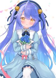 1girl absurdres ahoge amamiya_kokoro bell beret blue_flower blue_hair blue_rose blush bouquet bow commentary fang flower hair_bell hair_between_eyes hair_ornament hair_ribbon hat highres holding holding_flower jingle_bell long_hair looking_at_viewer matcha_november mini_wings nijisanji open_mouth ribbon rose scales skin_fang two_side_up very_long_hair virtual_youtuber wings worried x_hair_ornament yellow_eyes