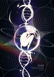 1girl barefoot bubble bug butterfly circle colored_skin dna english_text female_focus fetal_position floating_hair grey_eyes highres horns in_container insect long_hair looking_at_viewer nude original own_hands_together single_horn solo spiral text_focus triangle white_hair white_skin zxs1103