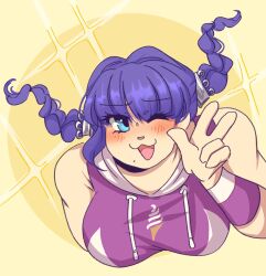 1girl blush braid breasts female_focus food food_print hand_up highres ice_cream ice_cream_cone ice_cream_print large_breasts long_hair looking_at_viewer mojiro_moko mole mole_under_mouth one_eye_closed open_mouth purple_hair solo solo_focus the_hundred_line_-last_defense_academy- twin_braids twintails upper_body v wink yellow_background