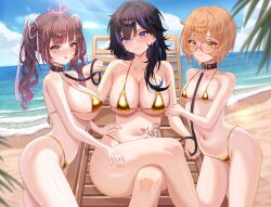 3girls :q absurdres ayase_yuu beach bikini black_collar black_hair blue_eyes blue_hair blush breasts brown_hair clio_aite closed_mouth cloud collar collarbone commission cross cross_earrings crossed_legs earrings flower_tattoo glasses gold_bikini hair_ribbon highres himemiya_rie holding holding_leash jewelry large_breasts leash long_hair multicolored_hair multiple_girls navel ocean palm_leaf phase_connect pink_eyes pink_hair pink_ribbon ribbon round_eyewear short_hair sinonamon sky small_breasts stomach_tattoo streaked_hair swimsuit tattoo tiara tongue tongue_out twintails virtual_youtuber yellow_eyes