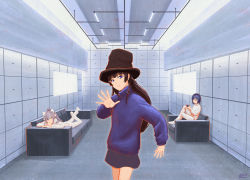3girls alternate_costume black_hair blue_eyes blue_hair bow commentary_request couch hair_bow hat highres higuchi_kaede indoors jamiroquai long_hair lying multiple_girls nijisanji on_stomach parody playing_games ponytail shizuka_rin short_hair silver_hair sitting sweater top_hat tsukino_mito turtleneck turtleneck_sweater user_nuye4847 virtual_youtuber