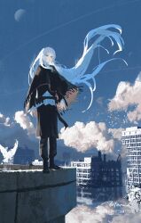 1girl absurdres artist_name asteroid_ill black_boots black_pants black_poncho blue_sky boots building city cloud cloudy_sky flood grey_eyes grey_hair highres long_hair original outdoors pants post-apocalypse reflection reflective_water ruins simple_bird sky solo standing water
