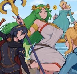 abs afrobull alternate_breast_size bad_id bad_twitter_id battle blonde_hair blue_eyes breasts clenched_teeth commentary crossover english_commentary fighting fire_emblem fire_emblem_awakening highres huge_breasts kid_icarus kid_icarus_uprising large_breasts long_hair lucina_(fire_emblem) mario_(series) metroid multiple_girls nintendo palutena rosalina samus_aran small_breasts smile super_mario_galaxy super_smash_bros. teeth