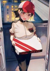1girl alternate_costume alternate_hairstyle baseball_cap black_pants blunt_bangs breasts brown_eyes brown_hair city cowboy_shot delivery door doorway employee_uniform eyelashes fanged_bangs fast_food_uniform food hair_bun hair_ribbon hat highres holding holding_food holding_pizza idolmaster idolmaster_shiny_colors jacket large_breasts light_blush looking_at_viewer multicolored_hat night open_mouth otsudou pants pizza pizza_box pizza_delivery pov_doorway red_hat ribbon short_sleeves smile solo sonoda_chiyoko turtleneck turtleneck_jacket white_hat white_jacket