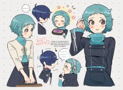 1boy 1girl absurdres aqua_hair blue_hair blush dress english_text food hair_between_eyes highres holding holding_food looking_at_another persona persona_3 rue_bit school_uniform short_hair simple_background yamagishi_fuuka yuuki_makoto_(persona_3)