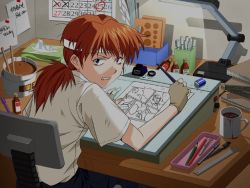 1girl angry calendar_(object) cup desk drawing eraser female_focus fingerless_gloves from_behind gloves headband inkwell jbbetz long_hair looking_at_viewer looking_back mug neon_genesis_evangelion orange_hair pencil ponytail sitting solo souryuu_asuka_langley