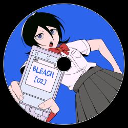 1girl absurdres black_hair black_skirt bleach bow bowtie gwao_(_ul_13) highres holding holding_phone karakura_high_school_uniform kuchiki_rukia open_mouth phone purple_eyes red_bow red_bowtie school_uniform shirt short_hair skirt white_shirt