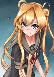 Rule 34 | 1girl, abukuma (kancolle), abukuma kai ni (kancolle), black jacket, blonde hair, blue eyes, cardigan, derivative work, double bun, grey sailor collar, hair bun, hair rings, highres, jacket, kantai collection, long hair, meme, owada (kousonhuchi), sailor collar, sailor moon redraw challenge (meme), school uniform, serafuku, short sleeves, solo, tile floor, tiles, twintails, upper body