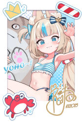 Rule 34 | 1girl, absurdres, animal ear fluff, animal ears, armpits, artist name, blonde hair, blue eyes, blue hair, blue nails, bow, cat ears, claw pose, crab, hair bow, highres, indie virtual youtuber, long hair, low twintails, midriff, multicolored hair, nail polish, navel, one side up, robot cat (robotcatart), sameko saba, signature, smile, solo, streaked hair, swimsuit, twintails, virtual youtuber