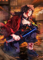 Rule 34 | 1boy, absurdres, bandages, black hair, black pants, black socks, blood, blood on clothes, blood on face, blue eyes, broken, broken sword, broken weapon, buttons, demon slayer uniform, empty eyes, half-closed eyes, haori, highres, holding, holding sword, holding weapon, injury, japanese clothes, katana, kimetsu no yaiba, long hair, low ponytail, male focus, pants, ponytail, sandals, seriu eau, socks, solo, spiked hair, sword, tomioka giyuu, torn clothes, watermark, weapon