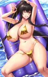 1girl akitsuki_karasu armpits arms_up bikini black_hair breasts collarbone feet_out_of_frame gluteal_fold gold_bikini highres huge_breasts kurochijo long_hair looking_at_viewer lying micro_bikini navel on_back one_eye_closed original outdoors parted_lips ponytail red_eyes smile solo stomach swimsuit teeth thighs twitter_username underboob very_long_hair water