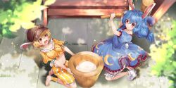 2girls animal_ears barefoot blonde_hair bloomers blue_dress blue_hair blush breasts brown_hat closed_mouth commentary crescent_print dappled_sunlight day dress earclip english_commentary from_above game_cg hair_between_eyes hane_yuki hat highres holding holding_mallet kine long_hair mallet medium_breasts midriff mochitsuki mortar_(bowl) multiple_girls navel official_art open_mouth orange_shirt outdoors rabbit_ears rabbit_girl rabbit_tail red_eyes ringo_(touhou) seiran_(touhou) shirt short_hair short_sleeves shorts sitting smile socks star_(symbol) star_print striped_clothes striped_shorts summer sunlight tail third-party_source touhou touhou_lostword twintails underwear vertical-striped_clothes vertical-striped_shorts white_bloomers white_socks yellow_shorts