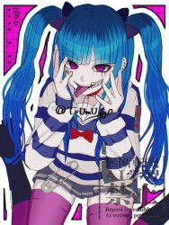 1girl amemiya_darumi black_bow blue_hair blue_stripes bow collar collarbone ear_piercing earrings face_piercing female_focus hair_between_eyes hands_up heart highres jewelry lip_piercing long_hair looking_at_viewer makeup multicolored_hair piercing pink_background pink_eyes pink_thighhighs pleated_skirt red_bow runny_makeup safety_pin shirt simple_background sitting skirt solo solo_focus striped_clothes striped_shirt the_hundred_line_-last_defense_academy- thighhighs tongue tongue_out twintails white_background white_stripes