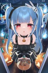 1girl :o absurdres black_bow black_collar black_dress blue_fire blue_hair blush bow collar collarbone commentary_request dress facial_mark fire gate ghost glowing hair_bow hair_ornament halloween_bucket heart highres holding jack-o&#039;-lantern long_hair long_sleeves looking_at_viewer off-shoulder_dress off_shoulder original parted_lips pleated_dress rabbit_hair_ornament red_eyes sleeves_past_wrists solo standing striped tsukiman twintails very_long_hair