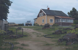 absurdres building cable car chimney cloud cloudy_sky dandelion day flower grass gun gutter highres house motor_vehicle no_humans outdoors plant rust satellite_dish science_fiction shelf simon_stalenhag sky sports_utility_vehicle swedish_machines tree unconventional_emergency_vehicle_lighting weapon window