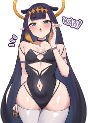 1girl absurdres adapted_costume black_choker black_one-piece_swimsuit blush choker cookie food grey_eyes halo hashira_14 highres holding holding_cookie holding_food hololive hololive_english long_hair looking_at_viewer mole mole_under_eye ninomae_ina&#039;nis ninomae_ina&#039;nis_(1st_costume) one-piece_swimsuit open_mouth pointy_ears purple_hair solo swimsuit tentacle_hair thighhighs very_long_hair virtual_youtuber wah white_background white_thighhighs