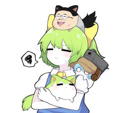 1girl bad_id bad_pixiv_id blue_vest blush bow cirno cirno_(cookie) closed_eyes closed_mouth collared_shirt commentary_request cookie_(touhou) daiyousei diyusi_(cookie) gaba_hole_daddy glasses green_hair gun hair_bow headset highres manatsu_no_yo_no_inmu ponytail puffy_short_sleeves puffy_sleeves shirt short_sleeves simple_background spoken_squiggle squiggle sukusuku_hakutaku totozame touhou upper_body vest weapon white_background white_shirt yellow_bow