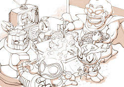 +_+ 1girl 4boys ^_^ aerial ager_vein annoyed arm_up armor beard birdy_(bomberman) blank_eyes blush bodysuit bomberman bomberman_jetters boots cape chopsticks clenched_hands closed_eyes crab eating facial_hair fire flame_bomber food full_body gloves grand_bomber hands_up happy high_ponytail holding holding_chopsticks holding_food holding_plate hotpot humanoid_robot indoors kneeling kotatsu lightning_bolt_symbol mermaid_bomber model_airplane monochrome mujoe_(bomberman) multiple_boys mushroom nose_blush open_mouth outstretched_arm own_hands_together plate playing ponytail pot robot running saboten7 seiza short_hair shoulder_armor sitting sketch smile sunglasses table television thunder_bomber triangular_eyewear watching_television wide-eyed