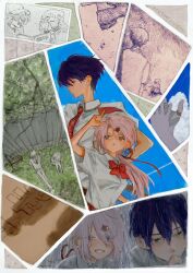 1boy 1girl bandaged_hand bandages bandaid bandaid_on_finger border bow bowtie collared_shirt dress_shirt green_eyes grin hair_ornament hairclip hashtag-only_commentary height_difference highres kenmochi_touya long_hair looking_at_viewer looking_to_the_side low_ponytail multiple_views necktie nijisanji pink_eyes ponytail purple_hair rain school_uniform shadow shiina_yuika shirt short_hair short_sleeves sitting smile standing susk_iii virtual_youtuber white_hair white_shirt