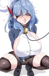 1girl absurdres ako_(blue_archive) bdsm black_thighhighs blindfold blue_archive bondage bound breasts heart highres kokihanada large_breasts leash school_uniform simple_background solo squatting thighhighs tongue tongue_out white_background