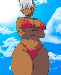 1girl absurdres bikini breasts dark-skinned_female dark_skin highres horns large_breasts looking_to_the_side navel oni_horns original self-upload short_hair sky swimsuit thick_thighs thighs white_hair wide_hips