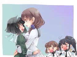 0_0 4girls ahoge arms_around_waist ayanokouji_martial_arts_school_uniform black_hair blush brown_hair chibi commentary_request hair_ribbon hairband height_difference heijou_institute_school_uniform hug long_hair mizushina_kinuka mizushina_waka multiple_girls musumi_kiyoka open_mouth polka_dot_hairband ribbon school_uniform short_hair simple_background sweatdrop takano_natsuki toji_no_miko wavy_mouth yamashiro_yui yuri