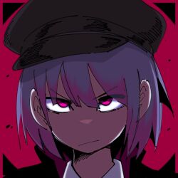 Rule 34 | 1girl, :/, black hat, closed mouth, commentary request, cookie (touhou), frown, geru futota, gomennetemple, hair between eyes, hat, highres, looking at viewer, peaked cap, pink eyes, portrait, purple hair, red background, remilia scarlet, short hair, solo, touhou
