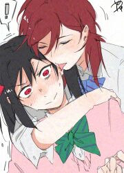 2girls adversarial_noise arms_around_neck black_hair blue_bow blue_bowtie blush bow bowtie closed_eyes closed_mouth collared_shirt commentary ear_licking green_bow green_bowtie hashtag-only_commentary highres licking long_hair love_live! love_live!_school_idol_project multiple_girls nishikino_maki otonokizaka_school_uniform pink_sweater red_eyes red_hair school_uniform shirt simple_background surfacedxxc sweater tongue tongue_out twintails white_background white_shirt yazawa_nico yuri