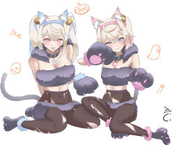 2girls =_hair_ornament absurdres animal_collar animal_ears animal_feet animal_hands bandaid bandaid_hair_ornament bell blonde_hair blue_eyes candy cat_tail collar dog_ears dog_girl facing_viewer fake_claws fangs food fur-trimmed_gloves fur-trimmed_socks fur_bikini fur_trim fuwawa_abyssgard ghost gloves hair_bell hair_ornament highres hololive jack-o&#039;-lantern looking_at_viewer mococo_abyssgard multicolored_hair multiple_girls notced original pantyhose paw_gloves pawpads pink_eyes simple_background sitting skin_fangs skull streaked_hair tail tongue tongue_out torn_clothes torn_pantyhose virtual_youtuber wariza white_background wrapped_candy x_hair_ornament