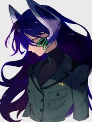 Rule 34 | 1girl, brown eyes, funnels (gundam), gfred, gundam, gundam gquuuuuux, half-closed eyes, headgear, highres, jacket, long hair, looking down, military uniform, nyaan (gundam gquuuuuux), purple hair, shadow, solo, upper body, ymmmkome, zeon