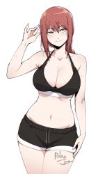 1girl artist_name black_shorts black_sports_bra braid braided_ponytail breasts chainsaw_man cleavage closed_mouth collarbone commentary drawstring english_commentary hair_between_eyes hand_up highres large_breasts looking_at_viewer makima_(chainsaw_man) navel nostrils orange_eyes red_hair relaxjon ringed_eyes short_shorts shorts simple_background solo sports_bra sweat thighs white_background