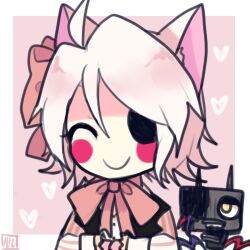 Rule 34 | 1girl, ahoge, animal ears, bad id, bad tumblr id, black vest, bow, bowtie, closed eyes, closed mouth, commentary, english commentary, five nights at freddy&#039;s, five nights at freddy&#039;s 2, fox ears, hair bow, long sleeves, lowres, lulu-999, mangle, missing eye, personification, pink bow, pink bowtie, short hair, sidelocks, smile, solo, vest, white hair