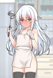 1girl absurdres apron black_thighhighs blush closed_mouth commentary_request embarrassed full-face_blush furaggu_(frag_0416) hair_between_eyes hands_up hibiki_(kancolle) highres holding holding_ladle indoors kantai_collection ladle long_hair looking_at_viewer naked_apron solo standing thighhighs thighs variant_set white_apron white_eyes white_hair