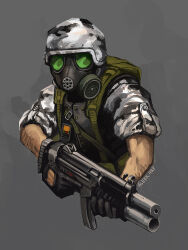 1boy adrian_shephard alekksandarart artist_name backpack bag black_gloves black_vest bulletproof_vest camouflage combat_helmet gas_mask gloves grenade_launcher grey_background gun h&amp;k_mp5 half-life half-life:_opposing_force half-life_(series) helmet highres holding holding_gun holding_weapon istec_isl-200 male_focus mask military military_uniform radio short_sleeves snow_camouflage solo submachine_gun underbarrel_grenade_launcher vest weapon