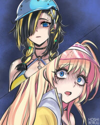 Rule 34 | 2girls, bare shoulders, black hair, blue eyes, blush, braid, breasts, choker, commentary, empty eyes, english commentary, eyebrow piercing, face piercing, fragile (nikke), goddess of victory: nikke, helmet, hoshiberuu, liveryn (nikke), long hair, multicolored hair, multiple girls, open mouth, piercing, pink hair, purple lips, two-tone hair, visor cap