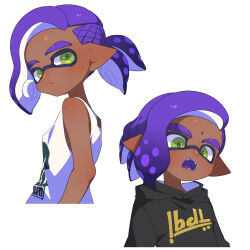 1boy absurdres black_hoodie closed_mouth colored_tongue dark-skinned_male dark_skin fangs green_eyes highres hood hood_down hoodie inkling inkling_boy inkling_player_character looking_at_viewer male_focus medium_hair multiple_views nintendo open_mouth parted_bangs pointy_ears ponytail purple_hair purple_tongue simple_background splatoon_(series) surume01417 tank_top tentacle_hair thick_eyebrows white_background white_tank_top