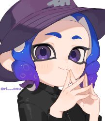 1girl blue_hair bucket_hat eyelashes hat highres looking_at_viewer medium_hair nintendo octoling octoling_girl octoling_player_character own_hands_together purple_eyes purple_hair purple_hat sabata_saba simple_background solo splatoon_(series) splatoon_3 tentacle_hair thick_eyebrows upper_body white_background