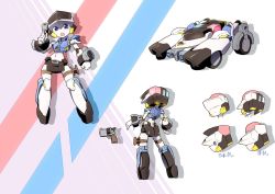 1girl bingshan blue_eyes car gun highres holding holding_gun holding_weapon looking_at_viewer magic_henshin motor_vehicle multiple_views official_art open_mouth police police_car robot weapon