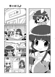 4koma :&gt; colonel_aki comic closed_eyes greyscale hair_between_eyes hat houraisan_kaguya inaba_tewi kamishirasawa_keine kotatsu long_hair long_sleeves monochrome multiple_girls neet nightcap open_mouth patchouli_knowledge table touhou wide_sleeves