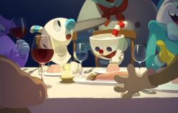 3boys absurdres alcohol chef_saltbaker cup cuphead cuphead_(game) dinner doi_m2000 drinking_glass drinking_straw eating eyes_out_of_frame food gloves handkerchief head_out_of_frame highres indoors looking_back ms._chalice mugman multiple_boys open_mouth out_of_frame sitting table white_gloves wine wine_glass