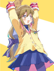 Rule 34 | 1girl, @ @, akayama yukihe, arms up, blush, brown eyes, brown hair, clannad, commentary, hair between eyes, hair ribbon, highres, hikarizaka private high school uniform, ibuki fuuko, jacket, long hair, low-tied long hair, pantyhose, pleated skirt, purple ribbon, ribbon, sailor collar, school uniform, skirt, smile, solo, star (symbol), starfish, white sailor collar, yellow jacket