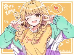 1girl ;d blonde_hair blush border braid breasts brown_eyes collarbone commentary_request dated double_w fang fujita_kotone gakuen_idolmaster hair_over_shoulder hands_up heart idolmaster jacket lockheart long_hair long_sleeves looking_at_viewer low_twintails off_shoulder one_eye_closed open_clothes open_jacket open_mouth orange_background puffy_long_sleeves puffy_sleeves shirt sleeves_past_wrists small_breasts smile solo spoken_heart star_(symbol) translation_request twin_braids twintails upper_body w white_border yellow_shirt