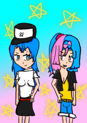 2girls black_jacket blue_eyes blue_hair casual crossover denim gradient_background hololive hoshimachi_suisei hoshimachi_suisei_(11th_costume) iono_(pokemon) jacket jeans long_hair miniskirt multicolored_hair multiple_girls nintendo official_alternate_hairstyle pants pink_hair pokemon pokemon_sv purple_eyes self-upload short_sleeves skirt smile star_(symbol) superscud69ds_(artist) virtual_youtuber