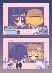 Rule 34 | 1boy, 1girl, alternate costume, animalization, apron, arm behind back, arm up, black apron, black cat, black eyes, black pants, blonde hair, blue flower, blue hair, blue shirt, blunt ends, blush, brown hat, bush, cactus, casual, cat, chair, chibi, closed eyes, collared shirt, contemporary, cup, dandelion, facing another, flower, genshin impact, green apron, hair between eyes, hair intakes, happy, hat, hat flower, heart, hetero, highres, holding, holding letter, holding plate, letter, looking at another, love letter, lumine (genshin impact), multicolored flower, multicolored hair, multiple views, open mouth, pants, person and animalization, plant, plate, potted plant, purple flower, purple hair, red flower, scaramouche (cat) (genshin impact), scaramouche (genshin impact), shirt, short hair, short hair with long locks, sidelocks, skirt, smile, standing, steam, streaked hair, striped clothes, striped shirt, table, twitter username, waiter, white flower, white shirt, white skirt, wispy bangs, yellow flower, yunhhj